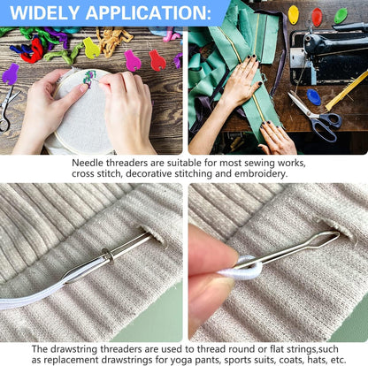 Lechchy Needle Threader for Hand Sewing & Sewing Machine - 10 Simple Needle Threaders for Embroidery Floss + 2 Seam Rippers + 2 Drawstring Threaders + 5 Needles