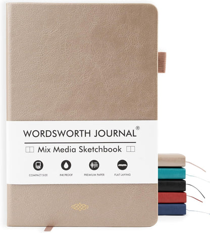 Wordsworth & Black A5 Mixed Media Journal 96 Mix Pages, Hardcover Leather, 190 GSM Paper, Journaling Notebook for Work & Sketching, Journals for Women, Men - Gifts Box Included Rose Gold