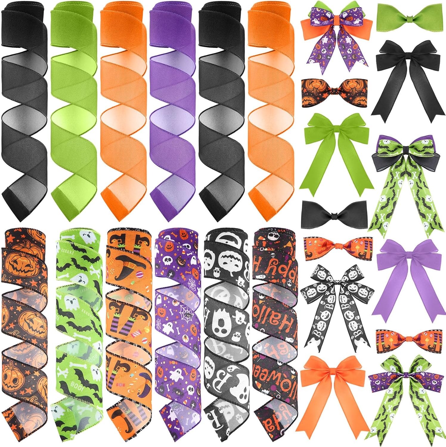 12 Rolls Halloween Wired Edge Ribbon for Wreaths 2 Inch x 60 Yards Bat Spider Web Pumpkin Print Grosgrain Ribbon Ghost Witch Hat Crafts for Halloween Party Decorative Supplies, 12 Styles - Crafty Corner