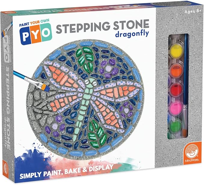MindWare Paint Your Own Stepping Stone: Dragonfly - Paint Your Own Stepping Stones for Kids Craft Kit Includes Paint, Brushes and Instructions