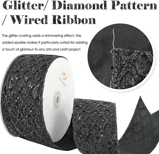 HUIHUANG Glitter Black Wired Ribbon for Christmas Tree 2.5 inch Black Diamond Mesh Wire Ribbon for Tree Decoration, Wreaths, Garland, Gift Wrapping, Bows Making, Halloween Decor -10 Yards - Crafty Corner