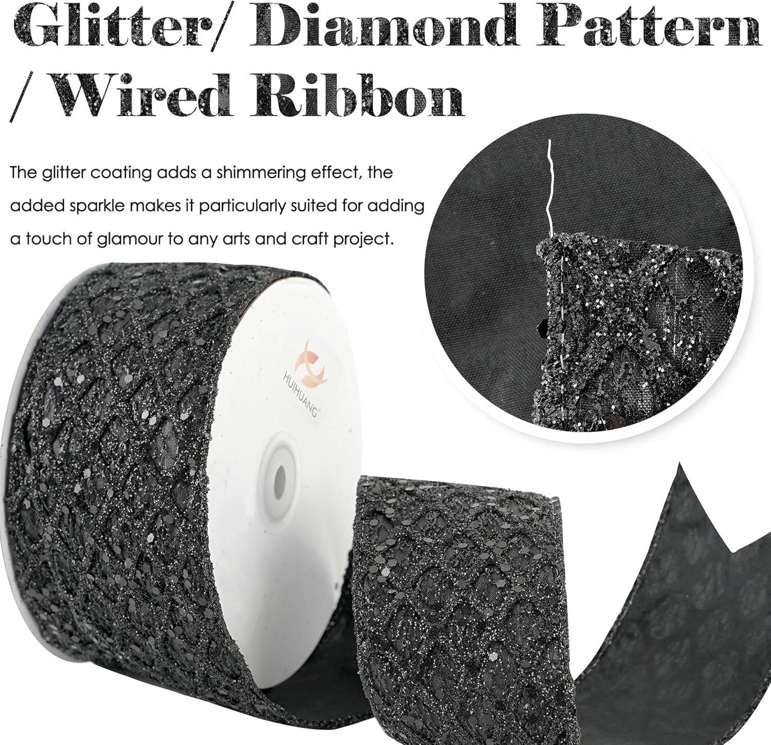 HUIHUANG Glitter Black Wired Ribbon for Christmas Tree 2.5 inch Black Diamond Mesh Wire Ribbon for Tree Decoration, Wreaths, Garland, Gift Wrapping, Bows Making, Halloween Decor -10 Yards - Crafty Corner