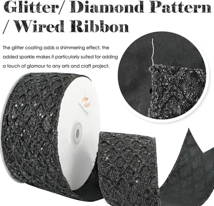 HUIHUANG Glitter Black Wired Ribbon for Christmas Tree 2.5 inch Black Diamond Mesh Wire Ribbon for Tree Decoration, Wreaths, Garland, Gift Wrapping, Bows Making, Halloween Decor -10 Yards - Crafty Corner