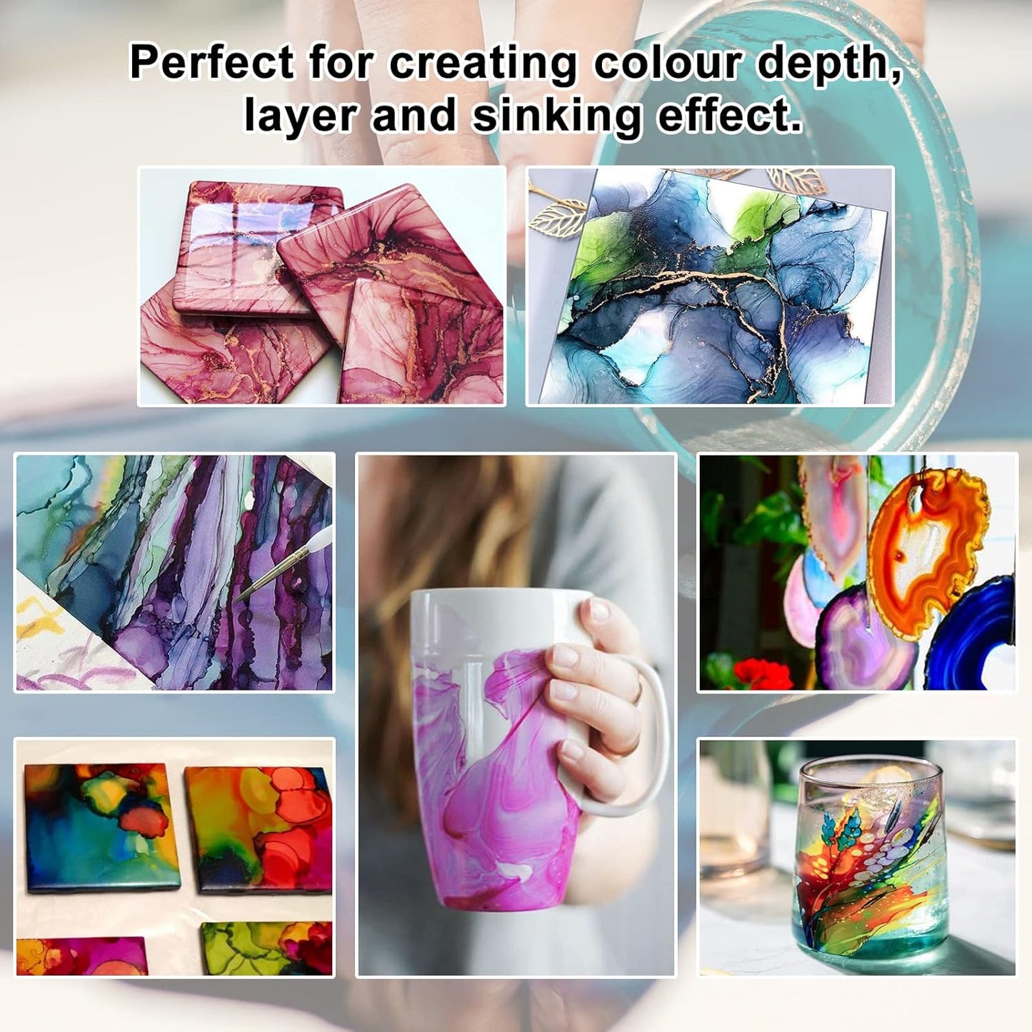 FansArriche Alcohol Inks for Resin, 32 Colors High Concentrated Alcohol Ink Set for Epoxy Resin, Alcohol-Based Resin Ink for Coasters, Fluid Painting Crafts, Tumbler Making, 10 ml Each