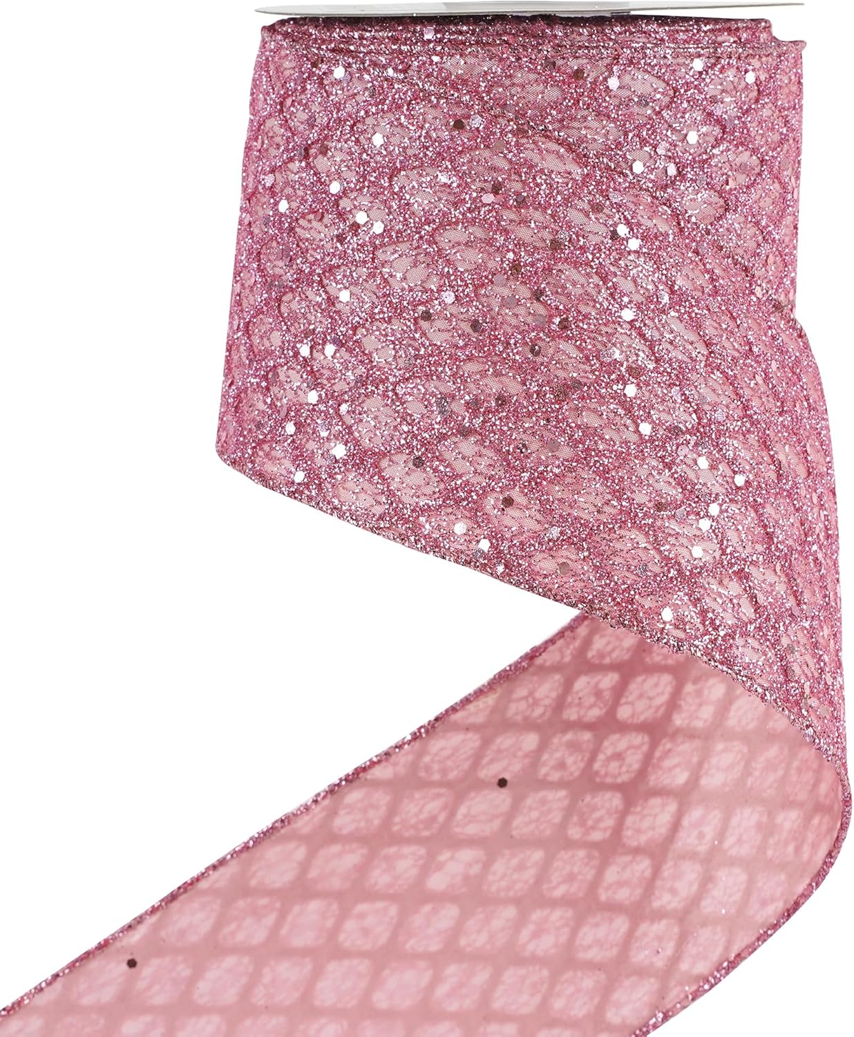 HUIHUANG Pink Wired Christmas Ribbon 4 inch Light Pink Glitter Wired Ribbon Diamond Mesh Wire Ribbon for X-mas Tree Decorations, Wreaths, Garland, Large Bows Making, Home Decor -10 Yards - Crafty Corner