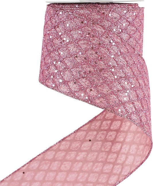 HUIHUANG Pink Wired Christmas Ribbon 4 inch Light Pink Glitter Wired Ribbon Diamond Mesh Wire Ribbon for X-mas Tree Decorations, Wreaths, Garland, Large Bows Making, Home Decor -10 Yards - Crafty Corner