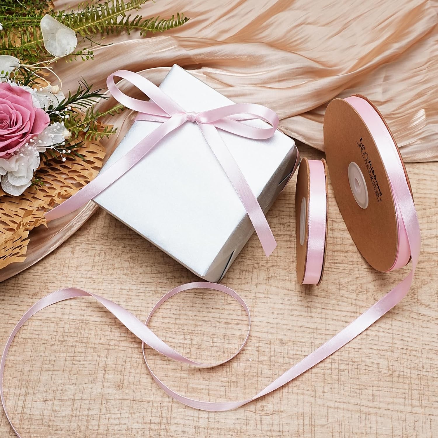 LaRibbons Light Pink Satin Ribbon 3/8 Inch 50 Yards Thin Luxury Double Faced Pink Silk Ribbon for Gift Wrapping Flower Bouquet Crafts Wedding BabyShower Decoration - Crafty Corner