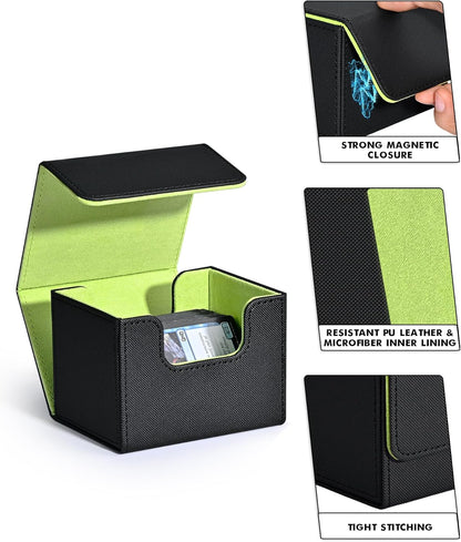 ZLCA Card Deck Box for Trading Cards, MTG Commander Deck Box Holds 120+ Single Sleeved, Leather Magnetic Card Storage Case Fits for TCG CCG Magic(Black& Green)