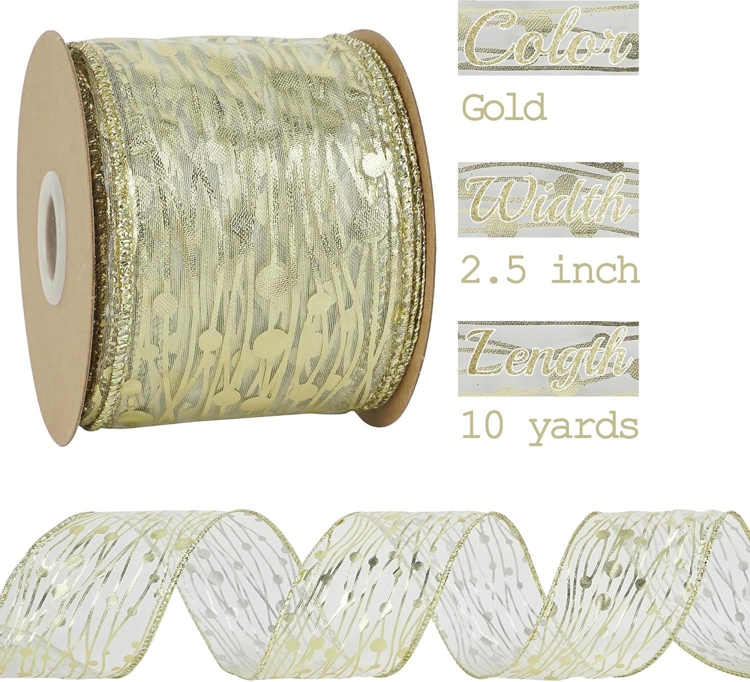 MEEDEE Gold Wired Ribbon - 2.5 Inch Sheer Organza With Horizontal Stripes and Polka Dots - 25 Yards for Gift Wrapping, Garland - Crafty Corner