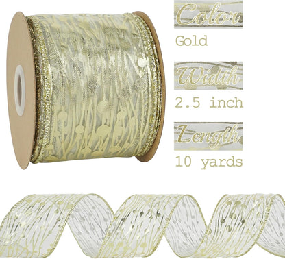 MEEDEE Gold Wired Ribbon - 2.5 Inch Sheer Organza With Horizontal Stripes and Polka Dots - 25 Yards for Gift Wrapping, Garland - Crafty Corner