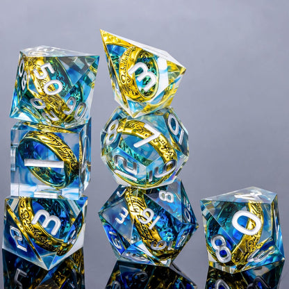 OUKELANWO Magic Lord Rings DND Dice Set with Box, 7Pcs Resin LOTR D&D Dice Set for Role Playing Game, Blue Dungeons Dragons D and D Sharp Edge Dice D20 D12 D10 D8 D6 D4