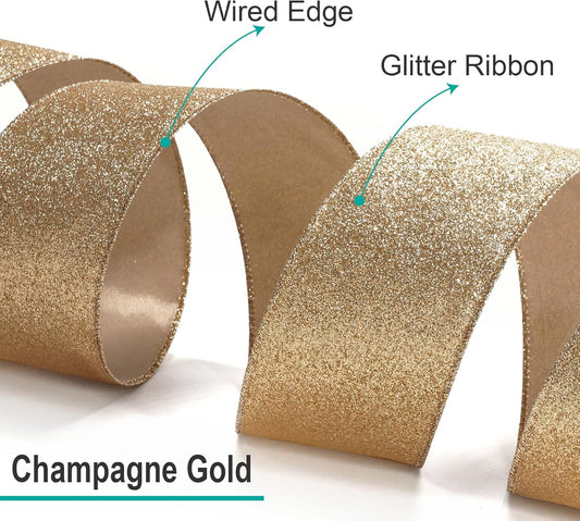 CT CRAFT LLC Glitter Wired Ribbon 2.5" x 10 Yards Gold (Champagne Gold) for Christmas Home Decor Bow Gift Wrapping DIY Crafts Wreath - Crafty Corner