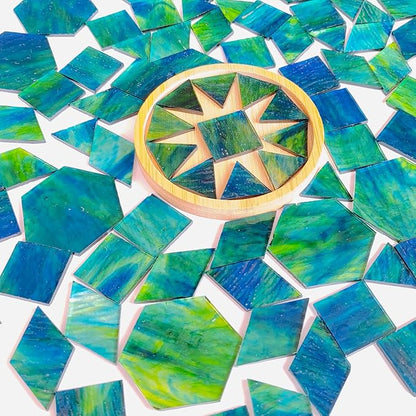 100pcs Stained Glass Mosaic Tiles - 1 Inch Each Side Dark Green & Blue Mixed Shapes (Triangle, Diamond, Square, Hexagon) for Crafts, Precut Glass Pieces, Mosaic Kits for Adults