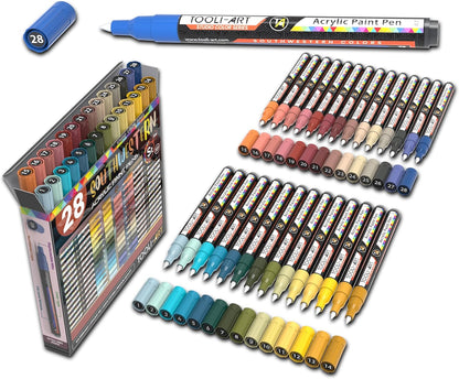 28 Southwestern Colors Acrylic Paint Pens Studio Color Series Markers Set 0.7mm Extra Fine Tip, Rock Painting, Glass, Mugs, Wood, Metal, Canvas, DIY, Detailing. Non Toxic, Waterbased, Quick Drying