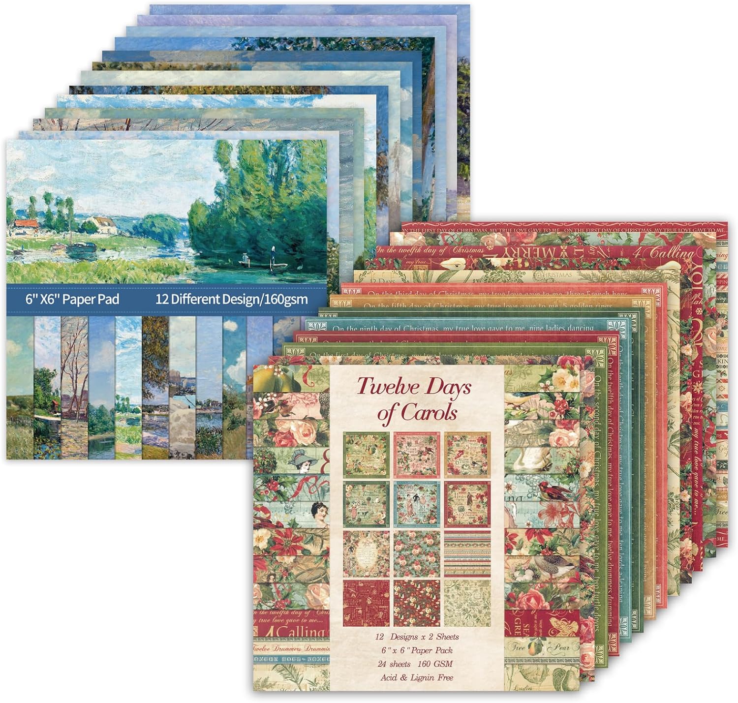 48 Sheets 24 Designs Scrapbook Paper Pad, 6"×6" Single-Sided Decopodge Craft Cardstock Paper,Scrapbooking DIY Decorative Background Cardmaking Supplies.Carols&Paintings - Crafty Corner