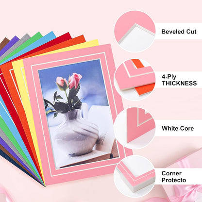 HOTUO 10 Pack 5x7 Colorful Picture Mats, 4 Ply Thickness Frame Mattes for 4x6 Photo, Photo Mat with Core Bevel Cut(Colorful with V-Groove)