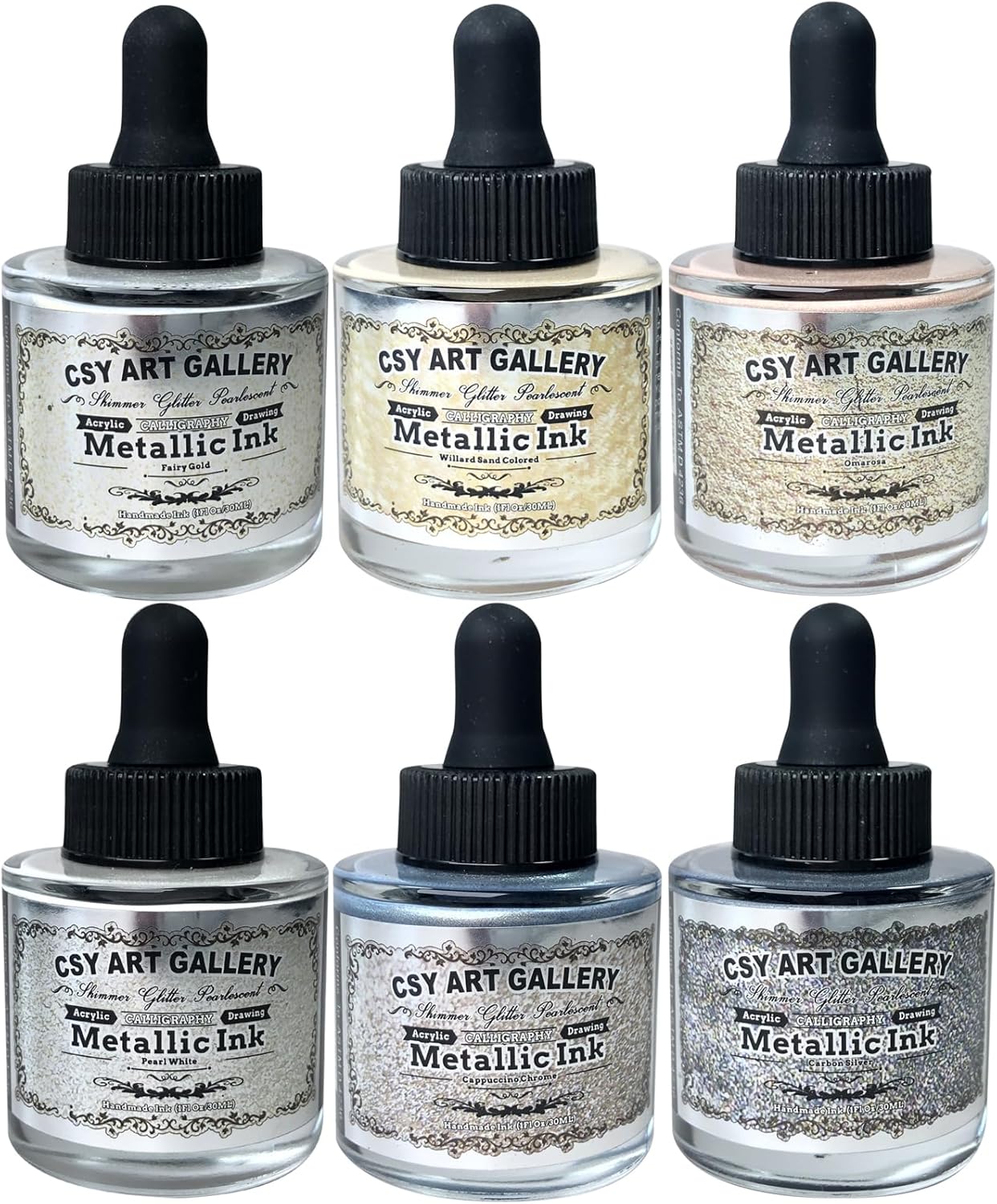 CSY art gallery Metallic -Pearlescent-Glitter Acrylic Ink -Shining Calligraphy Paint -Silver, Rose Gold Rich Pigments Perfect for Artists, Canvas, Rocks, Wood, Fabric, Ceramic (Galaxy Starlight Set) - Crafty Corner