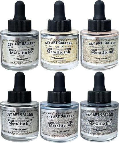 CSY art gallery Metallic -Pearlescent-Glitter Acrylic Ink -Shining Calligraphy Paint -Silver, Rose Gold Rich Pigments Perfect for Artists, Canvas, Rocks, Wood, Fabric, Ceramic (Galaxy Starlight Set) - Crafty Corner