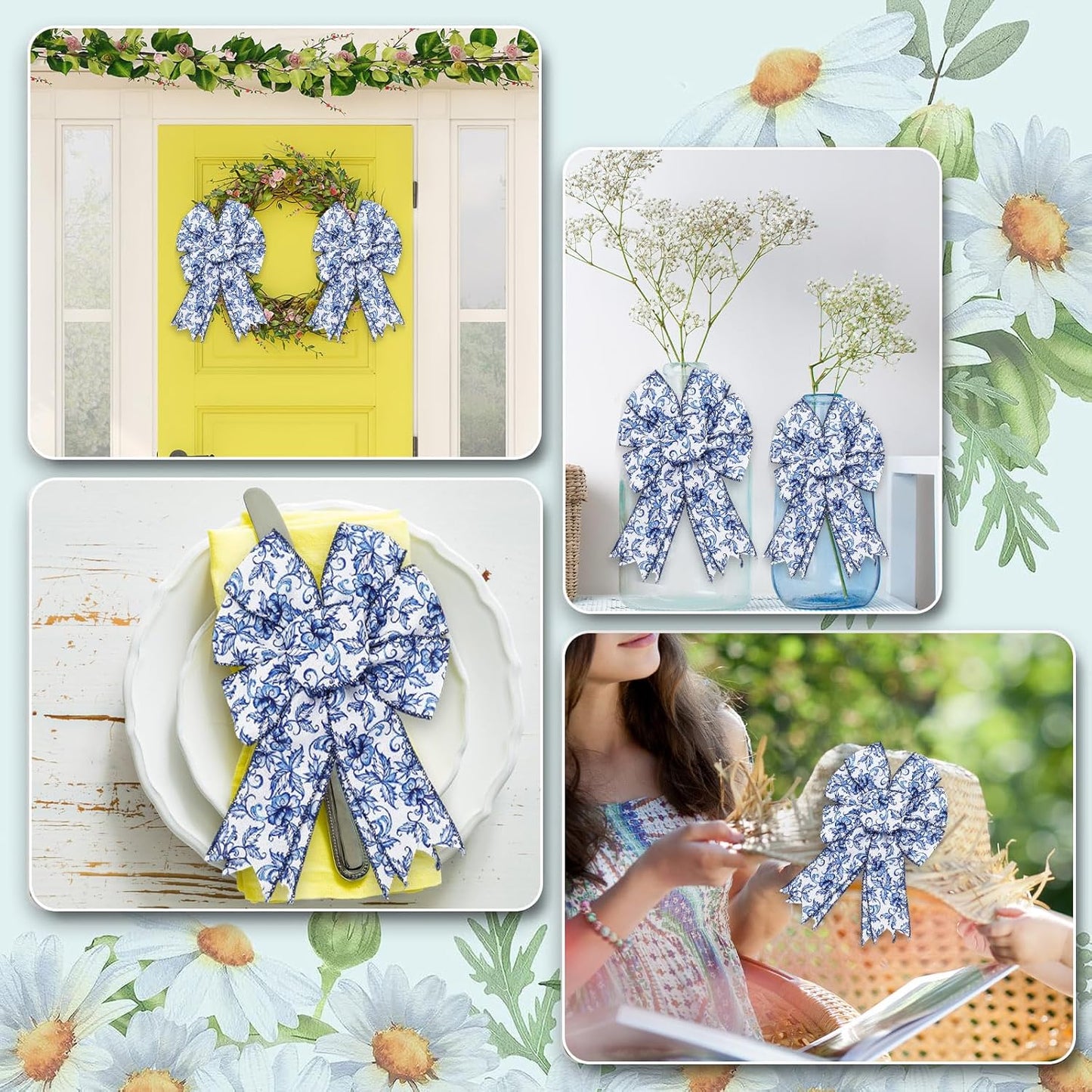 Blue White Floral Wired Edge Ribbon Roll Vintage Watercolor Flower Craft Ribbon Chinoiserie Fabric Ribbon for Wreath Bow Making DIY Craft Wrapping Party Supplies, 12 Yard - Crafty Corner