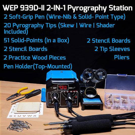 WEP 939D-II 2-IN-1 Wood Burning Kit 86-IN-1 with 51 Solid Points and 20 Wire Nibs Wood Burner with 2 Letter Number Stencils, 2 Unfinished Wood, 1 Pen Holder, Burning Tool - Crafty Corner