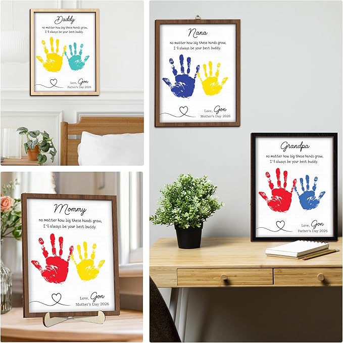 Personalized Handprint Wooden Sign for Mom Dad Grandma Nana, DIY Kids Handprint Frame with Paints, Art Craft Family Keepsake, Mothers Fathers Day Birthday Gift for New Parents, Friends, Home Decor