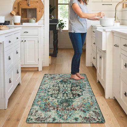 Lahome Bohemian Floral Medallion Area Rug - 3x5 Washable Bedroom Rug Entryway Mat, Non Slip Pet Friendly Turkish Nursery Carpet for Kitchen Sink Camper Couch Living Dining Room Office Hardwood