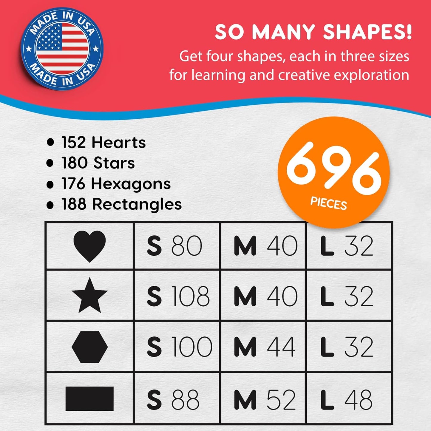 Basic Shapes 2: Hearts, Stars, Hexagons, Rectangles, 696 Pieces US Made Card Stock Punch Out Geometric Shapes in 3 Sizes and 4 Primary Colors for Math, Pattern Play and DIY Crafting - Crafty Corner