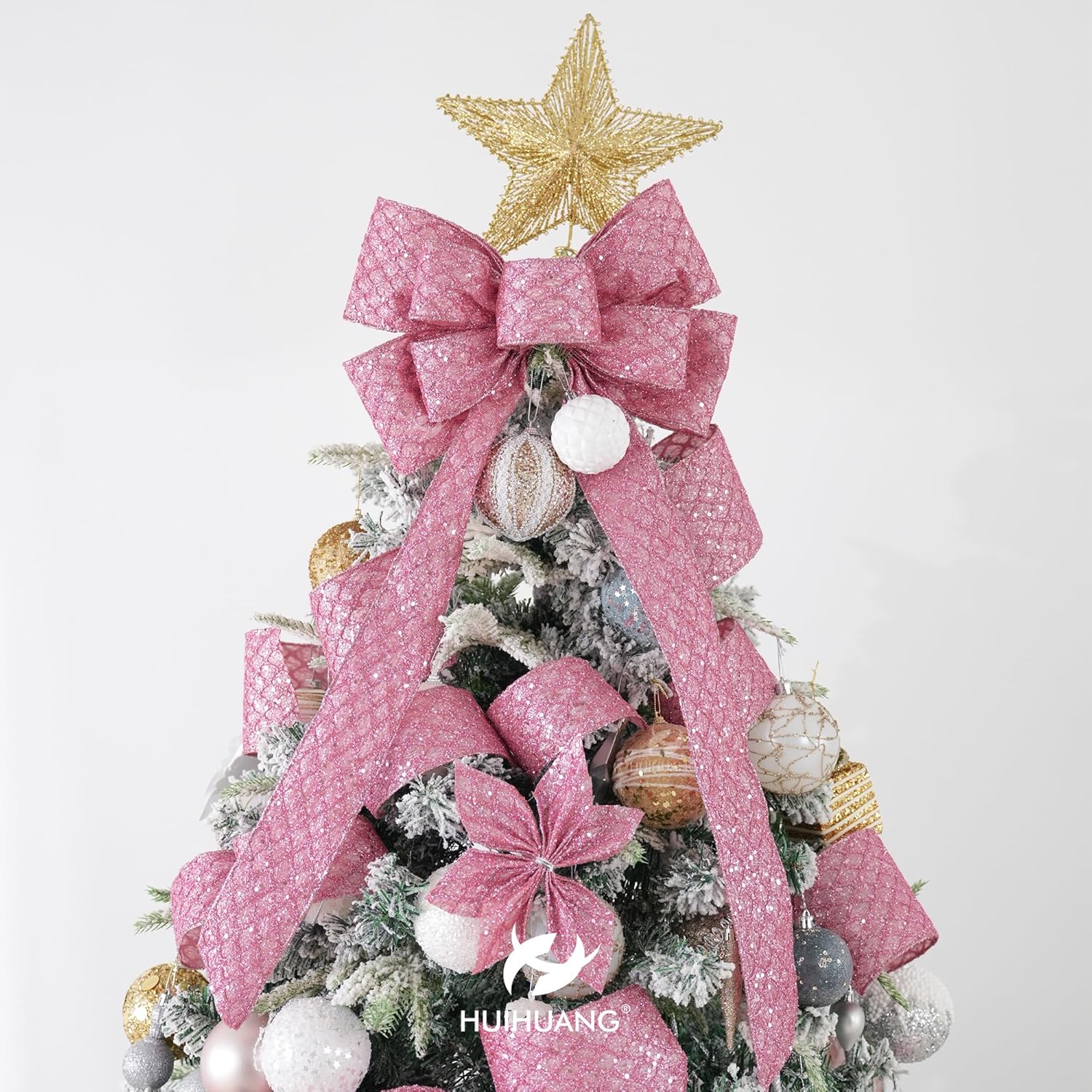 HUIHUANG Pink Wired Christmas Ribbon 4 inch Light Pink Glitter Wired Ribbon Diamond Mesh Wire Ribbon for X-mas Tree Decorations, Wreaths, Garland, Large Bows Making, Home Decor -10 Yards - Crafty Corner
