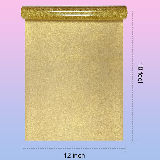 Glitter HTV Heat Transfer Vinyl Rolls- 12" x 10ft. Glitter Iron on Vinyl for DIY T-Shirts, Glitter for All Cutters, Heat Transfer Vinyl (Gold)