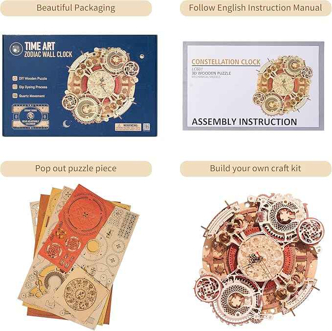 ROBOTIME 3D Wooden Puzzles for Adults, Models for Adults to Build Wooden Steampunk Clock Kit, DIY Mechanical Wall Quartz Aesthetic Room Decor Unique Gift