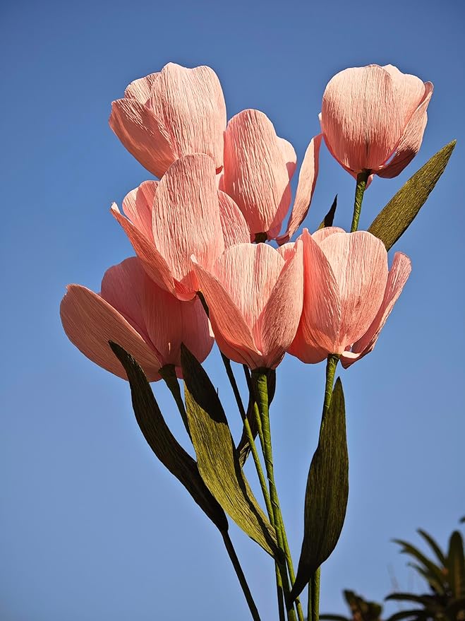 Mybbshower Pink Crepe Paper Tulip for Home Decor DIY Kit with Floral Tape & 12 Wire Stems DIY Craft Projects Crepe Paper Flower