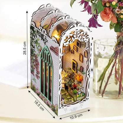 Book Nook Kit - DIY Miniature Dollhouse Kits for Adults, Booknook Bookshelf Insert with LED Light, 3D Wooden Puzzle Bookend Insert, Hobbies Gifts for Family and Friends, Flower House