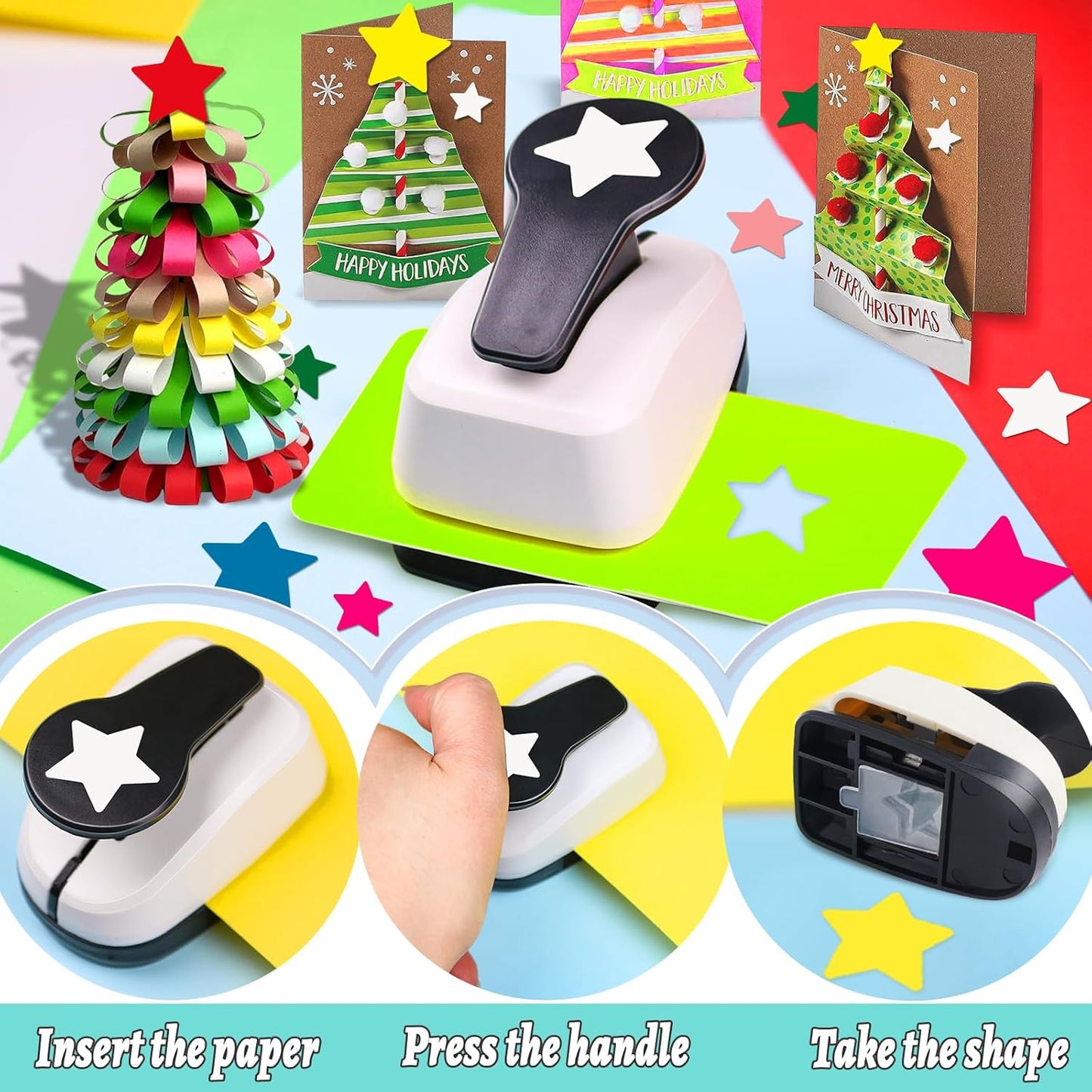 Star Hole Punch, Star Punches for Paper Crafts, Stars Paper Puncher Shape, 1 inch Stars Punch for Crafting, Large Hole Puncher, Scrapbook Punches 2 in, 1.5 in, 1 in, 5/8 in, 3/8 in - 5 Pcs - Crafty Corner