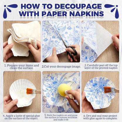 Crtiin 36 Pack 9 Styles Decoupage Napkins Assorted Floral Decorative Decoupage Napkins Chinoiserie Cocktail Paper for DIY Crafting Birthday Party, Each Unfolded 13 Inch(Blue Floral)
