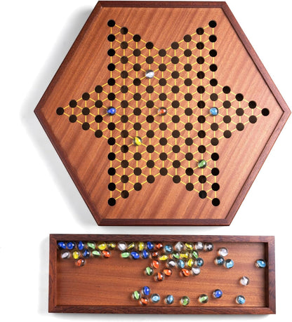 VAMSLOVE Large 17" Chinese Checkers Board Game for 2-6 Player Wooden Game Board, 16mm 60+12 Colorful Glass Marbles, Easy Grasping for Adults and Kids, w/Storage Drawer, Fun for Family Gathering