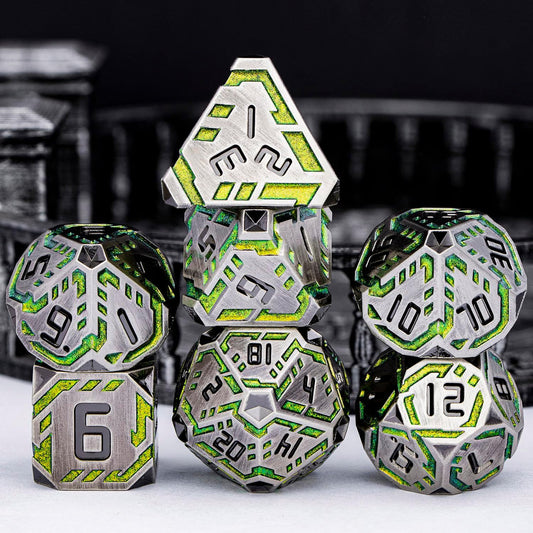 Metal DND Sci-fi Dice Set 7PCS Stripe Polyhedral Dice for Dungeons Dragons RPG Role Playing Game, Glitter D and D Dice with Gift Box D6 D8 D10 D12 D20 (Grey&Green Yellow)