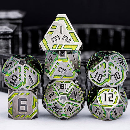 Metal DND Sci-fi Dice Set 7PCS Stripe Polyhedral Dice for Dungeons Dragons RPG Role Playing Game, Glitter D and D Dice with Gift Box D6 D8 D10 D12 D20 (Grey&Green Yellow)