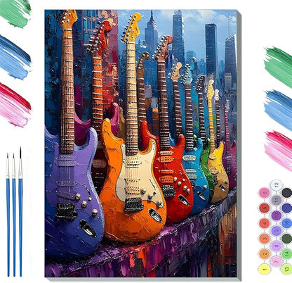 Paint by Numbers Kit for Adults Framed, Colorful Electric Guitars with City Skyline, DIY Oil Painting, Pre-Printed Canvas Wall Art Home Decor Gift, 20x24inch Framed, 24 Colors