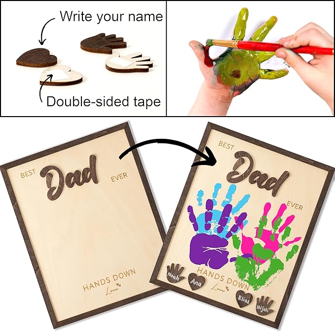 Best Dad Ever Hands Down Sign Wooden Handprint Frame DIY Gifts, Fathers Day Personalized Gifts from Kids, Daughter, Son - Fathers Day Handprint Gift, Custom Birthday Gift for New Dad, Stepdad, Grandpa