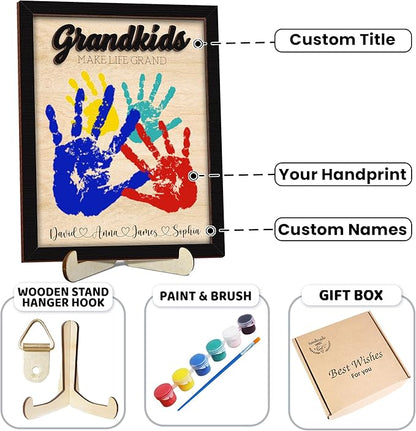 Grandma Birthday Gifts, Grandkids Handprint Sign with Paints, Art Prints Family Keepsake Mother's Day Thanksgiving Gift for Nana, Grammy, Craft Keepsake Wooden Frame, Family Gifts for New Grandma