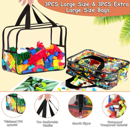 6 Packs Large Toy Storage Bags with Labels, Reusable Clear PVC Board Game Storage, Travel Waterproof Organizer Bags with Zipper for Building Blocks, Puzzle, Kids Books(3 large & 3 Extra Large)