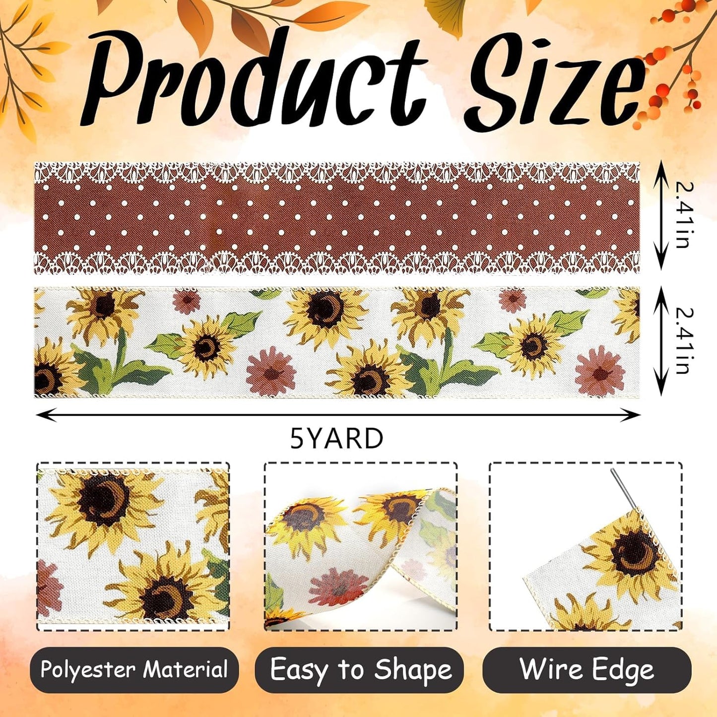2 Rolls 10 Yard Thanksgiving Fall Wired Ribbon for Crafts Wreath Bow Making Sunflower Dot Ribbon Autumn Harvest Burlap Ribbon for Wrapping Thanksgiving Party Home Decoration 2.5'' - Crafty Corner