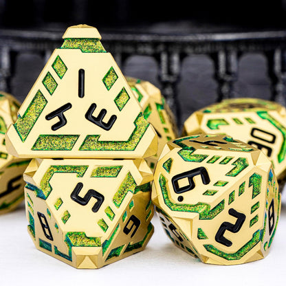Metal DND Sci-fi Dice Set 7PCS Stripe Polyhedral Dice for Dungeons Dragons RPG Role Playing Game, Glitter D and D Dice with Gift Box D6 D8 D10 D12 D20 (Golden Green)