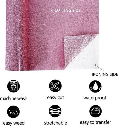 FUNKAKA Glitter Pink HTV Heat Transfer Vinyl Rolls, 12" x 25ft PU Iron on Vinyl for T-Shirt Pink Glitter HTV Vinyl for All Cutter Machines Easy to Cut & Weed for Heat Vinyl Design