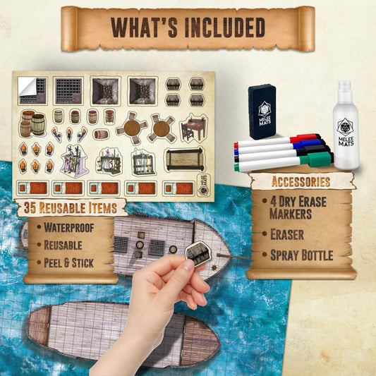 Melee Mats DND Map Starter Kit - 24” x 36" 2 Pack Double Sided, Wet/Dry Erase Battle Terrain Grid - Ultimate Tabletop Board Gaming Experience with Accessories