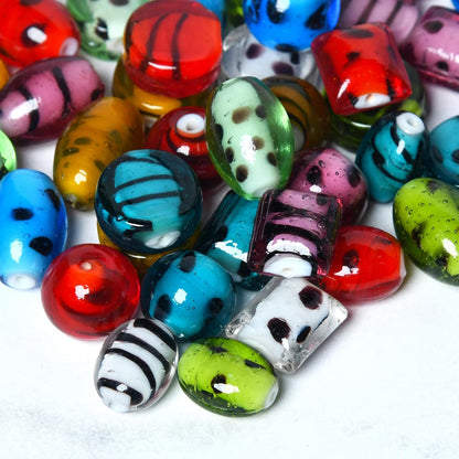 2/3 LB Bag of Assorted Glass Beads for Jewelry Making, Lampwork Murano Bead Mix for Bracelets and Necklaces, Crafting Beads Supplies Kit, Large & Small Beads (Dots + Stripe Mix)
