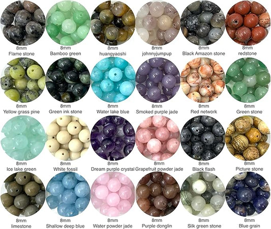 480pcs 8mm Natural Round Stone Beads,Multiolor Crystal Energy Stone,Loose Gemstone Accessories Hole Size 1mm ,DIY Smooth Beads Necklace Bracelet for Jewelry Making (24Color Material-A 8mm)