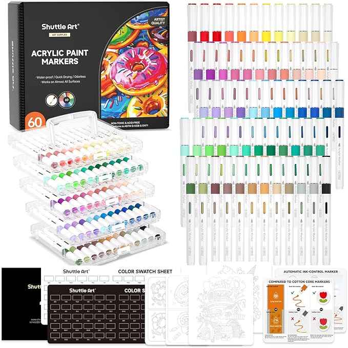 Shuttle Art Automatic Ink Control Acrylic Paint Markers, 60 Colors Brush Tip Acrylic Paint Pens for Rock Painting, Ceramic, Wood, Canvas, Glass, Stone, Fabric, Card Making, DIY Supplies, FlipFunAlong