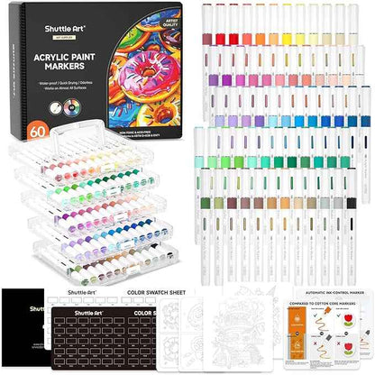 Shuttle Art Automatic Ink Control Acrylic Paint Markers, 60 Colors Brush Tip Acrylic Paint Pens for Rock Painting, Ceramic, Wood, Canvas, Glass, Stone, Fabric, Card Making, DIY Supplies, FlipFunAlong