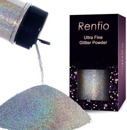 Renfio Holographic Ultra Fine Glitter Powder Metallic Resin Glitter 2.11 Oz (60g) PET Flakes Crafts Sequins 1/128" 0.008" 0.2mm Epoxy Chips Flakes for Tumblers Slime - Diamond Laser Silver